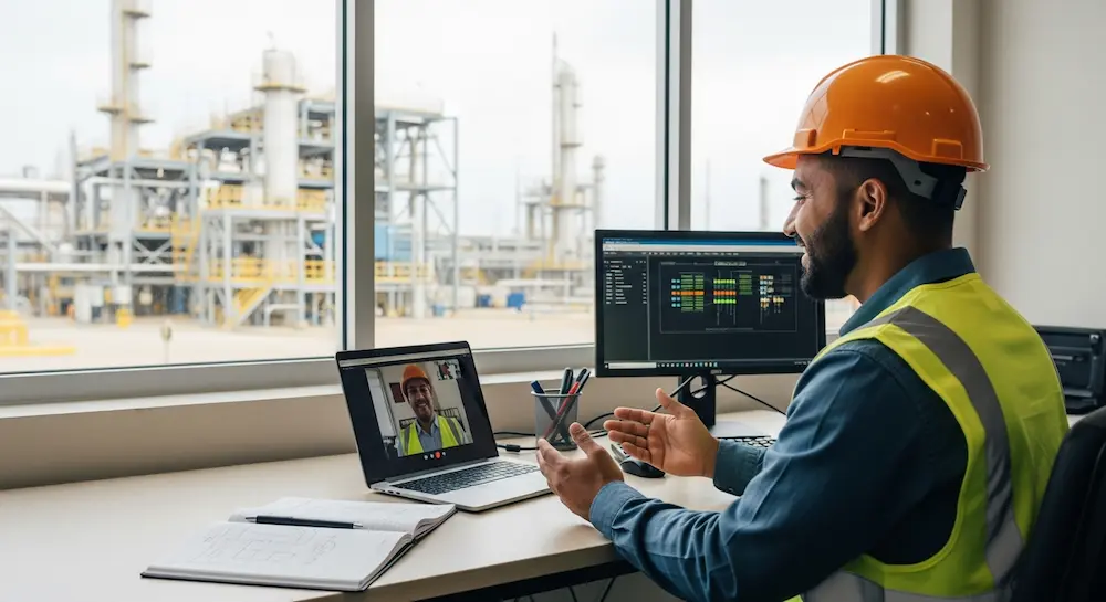 Engineer in video consultation discussing OT security