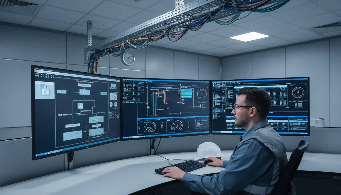 Industrial control room operator managing OT security