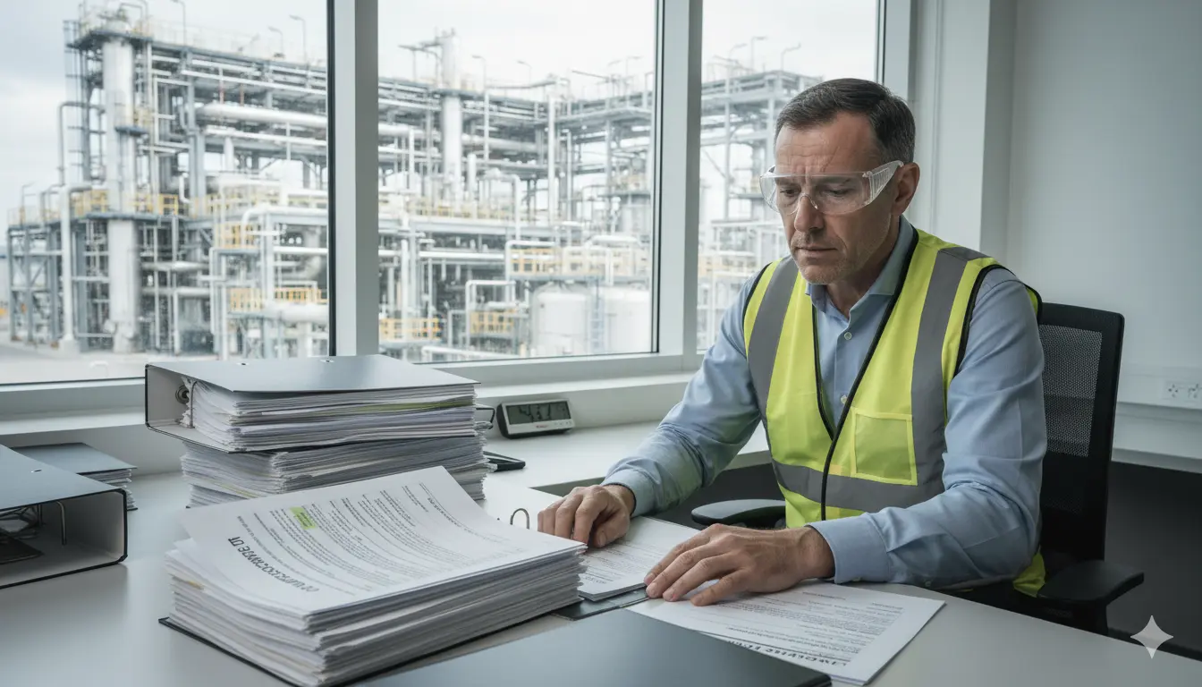 Engineer reviewing compliance documentation and audit pressure