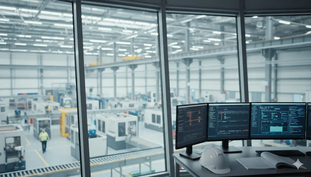 Industrial engineer viewing plant operations from control room