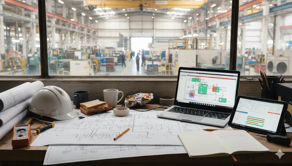 Industrial engineering workspace with technical drawings and plant equipment
