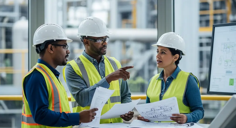 Senior engineers collaborating at industrial site